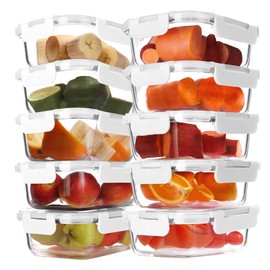 BAYZZ 10 Pack 22 oz Glass Meal Prep Containers, Glass Food Storage Containers with Airtight Lids, BPA-Free, Freezer and Microwave Safe, White