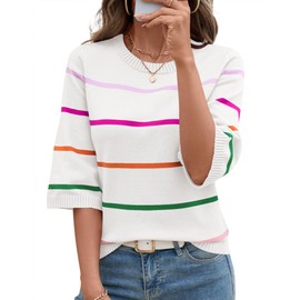 LOMON Womens Sweaters Casual Fall 2025 Crew Neck Striped 3/4 Sleeve Lightweight Knit Trendy Pullover Sweater Tops Shirts, S