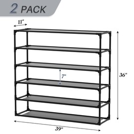 TY ARTS & CULTURE 2 Pack 6-Tiers Shoe Rack Organizer, Sturdy Metal Pipes & Durable Non-Woven Fabric, Space Saving Tall Shoe Shelf Hold 48-60airs, Shoe Rack for Entryway (Black)
