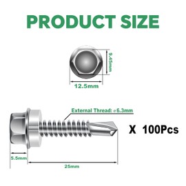 HXJDAM Trapezoidal Sheet Metal Screws Self-Tapping Screws M6.3 x 25 mm 410 Stainless Steel Self Tapping Screws Hexagonal Screws Drilling Screws Stainless Steel Metal Roofing Screws Pack of 100