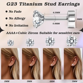 JeweBella 4 Pairs G23 Titanium Earrings Hypoallergenic Flat Back Earrings Cubic Zirconia Titanium Stud Earrings for Women Men Silver Helix Cartilage Tragus Sleeper Earrings for Multiple Piercings