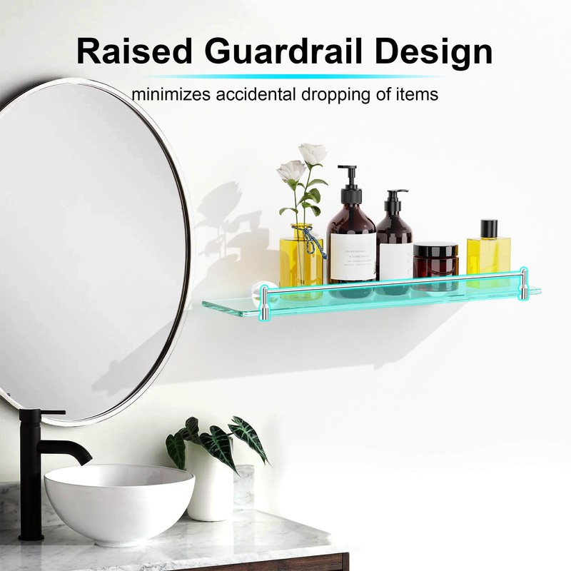 KOCOK 20 Inches Glass Shelves for Bathroom, Chrome Polished Floating