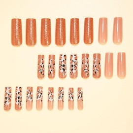 24 Pcs Press on Nails Long Square Nail Tips WLGDLH Fall Fake Nails Press ons Gold Glitter Acrylic Nail Kit Full Cover Reusable False Nails Brown Glue on Nails Leopard Print Nail Art for Ma'am