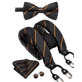 Hi-Tie Black and Gold Mens Stripe Suspender and Pre-Tied Bow Tie Set with Pocket Square Adjustable 6 Clips Y Shape Suspender for Wedding Prom