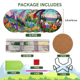 Leatrice 8 Psc Landscape Flower Diamond Art Coasters Kits for Adults Painting Paint by Dots Small Size Mosaic Dot Painting Set Friendly for Adults Beginners Gift for Family & Friends