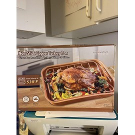 Copper Turkey Pan Non-Stick NEW Roasting Ham Ribs Innovative Living- oven safe up to 530F-dishwasher safe-BPA FREE MATERIAL- PAN SIZE IS 16 "X12 "X 2 AND 1/2"