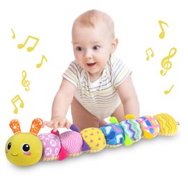 KMUYSL Baby Toys 0-12 Months, Musical Animal Stuffed Toy with Crinkle, Rattles & Lullaby, Plush Toy for Infant Newborn, Yellow Fabric Cotton