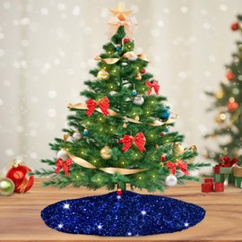 ROMANKAS Sequin Christmas Tree Skirt Royal Blue Mini Tree Skirts 21 inch Velvet Sparkle Xmas Tree Skirt Glitter Sequins Tree Mat Tabletop Tree Cover Skirt for Holiday Party Christmas Tree Decoration