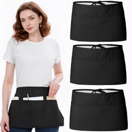 3PCS Server Apron, Black Waitress Apron Short Half Waist Aprons for Waitress Waiter Servers Women Men with 3 Pockets