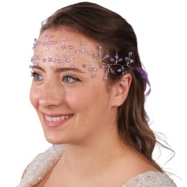 Limelia Bridal Hair Accessory with Ribbon and Pearls, Hair Band for Weddings and Parties, White Crystal Stone Hair Accessory, Purple