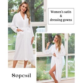 Sopesil Women's Satin Dressing Gowns Long Ladies Kimono Lightweight Morning Robes Bridal Soft Wedding Party Sleepwear V-Neck, White,S