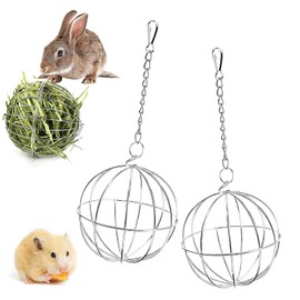 Pack of 2 Rabbit Feeder Ball Stainless Steel Feeder Toy Small Animals Toy Ball Rabbit Feeder Hay Ball Hanging with Hook Adjustable for Rabbits Guinea Pigs Rabbits Chinchillas Hamsters Diameter 8 cm