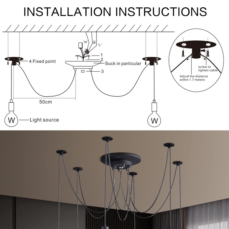 Fuloon Vintage Edison Multiple Ajustable DIY Ceiling Spider Lamp Light