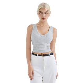 SUUKSESS Women Cotton Ribbed Summer Loose Going Out Tops Padded Sleeveless Trendy Tank Tops Basic V Neck Top (Flower Grey, Large)