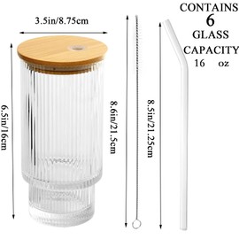 CAYOREPO 6 Pcs Set 16oz Ribbed Drinking Glasses with Bamboo Lids and Straws, Ribbed Glass Cups, Stackable Glasses, Vintage Water Glasses for Juice, Beer, Coffee, Tea and Cocktail (Clear (6Pcs))