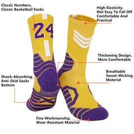 LSUDFHE Basketball Socks with Number, Cushioned Athletic Sports Crew Socks for Youth Child
