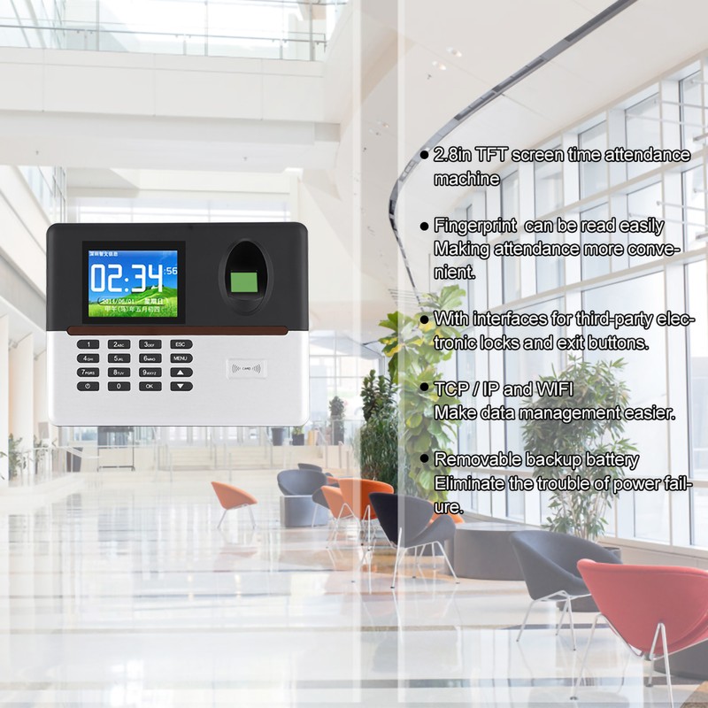 2.8in Wifi Time Attendance Machine 125KHZ RFID TCP/IP Fingerprint Password