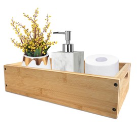 Lnond Bamboo Bathroom Decor Box for Toilet Paper Storage, Bathroom Toilet Tank Tray Storage Basket, Countertop Organizer Toilet Paper Basket with Handle, Easy Installation