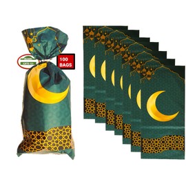 Islamic Gifts 123 Arabian Nights Cellophane Treat Bags[100 Pack] Green Gold Plastic Candy Goodie Bags with Twist Ties for Princess Arabia Ramadan Favors