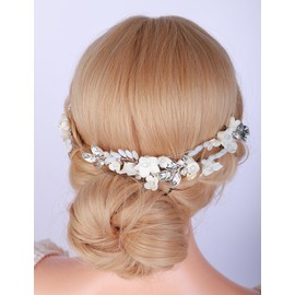 Teyglen Bride Wedding Crystal Hair Vine Gold Silver Flower Leaf Headband Bridal White Flower Hair Vine Wedding Headpiece Hair Accessories for Women Bride Girl (Silver)