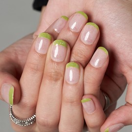 GLAMERMAID Press on Nails Extra Short Squoval, Spring Summer Glitter Green French Tip Gel Glue on Nails, 24Pcs Glossy Round Reusable UV Finish Fake Nails Acrylic False Nails Manicure Kits for Women