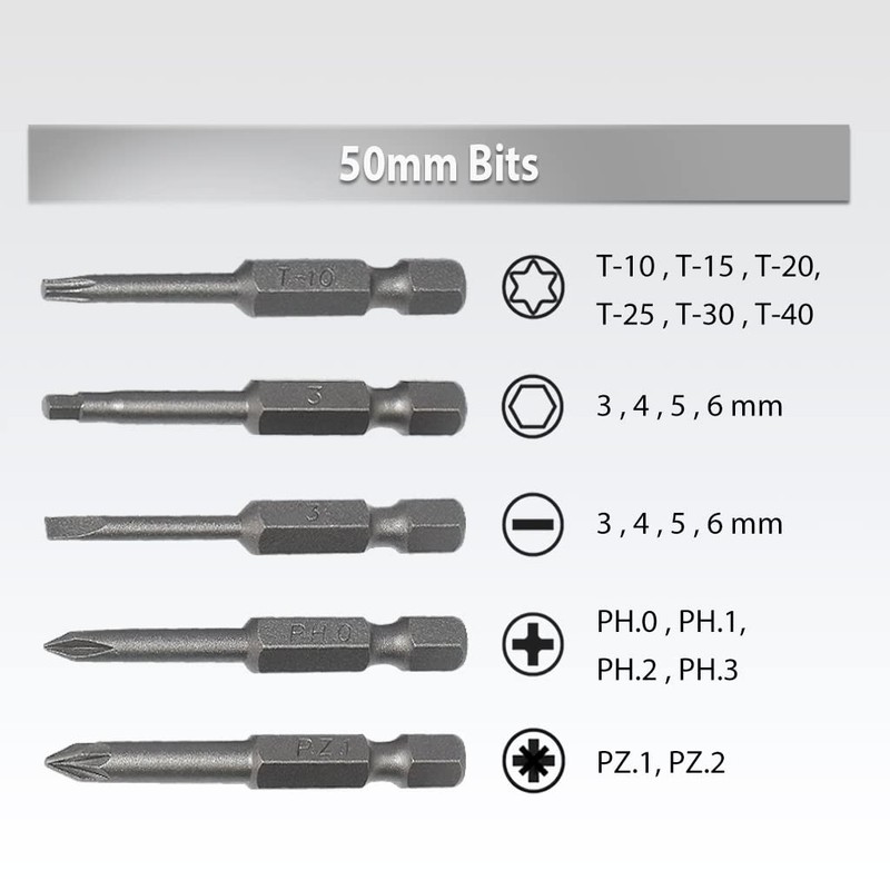 FIRSTINFO H5199D Screwdriver Bit Set, 1/4" Hex Head 50mm Long,