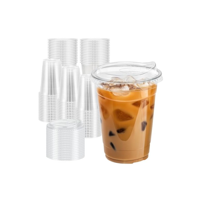 Clawsoff 16 oz 100 Pack Clear Plastic Cups with Lids,