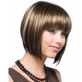 Wig women's straight short hair can be straightened and slanted, with fashionable wavy bangs and wigs 30cm Brown