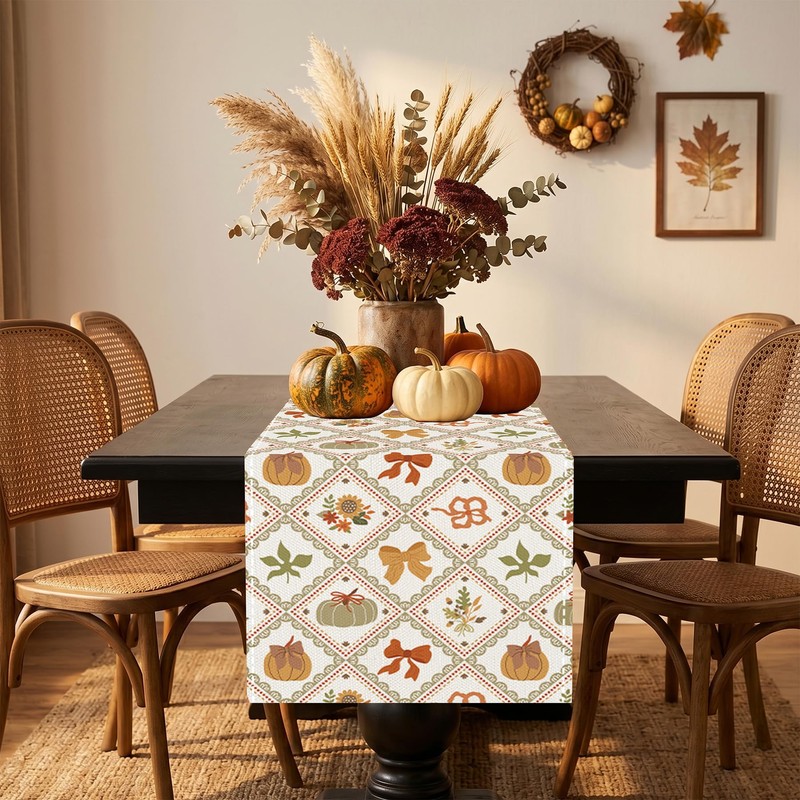 Baccessor Fall Pumpkin Bow Maple Leaf Table Runner Farmhouse 13x36