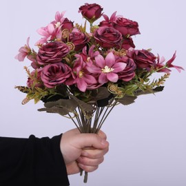 HZYZZYQ Artificial Flowers Lily Oil Painting Rose Bouquet Bridal Bouquet Artificial Rose Plant Indoor Wedding Arrangement Family Party Table Decoration 4 Pack (Rose red + Dark Pink)