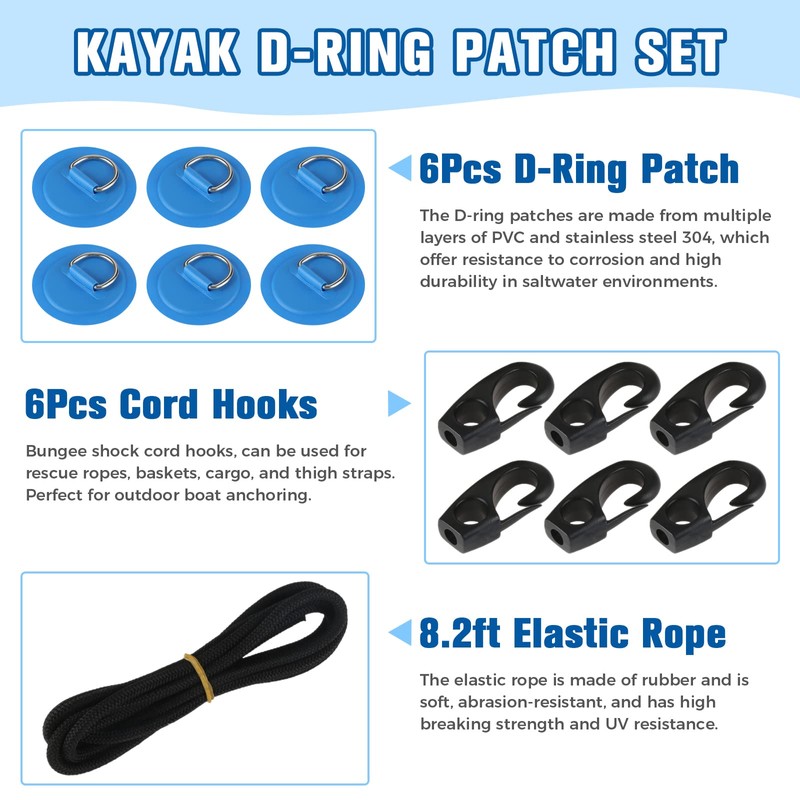 Yetaha 6 Pack Stainless Steel D Rings PVC Patch, 8.2ft