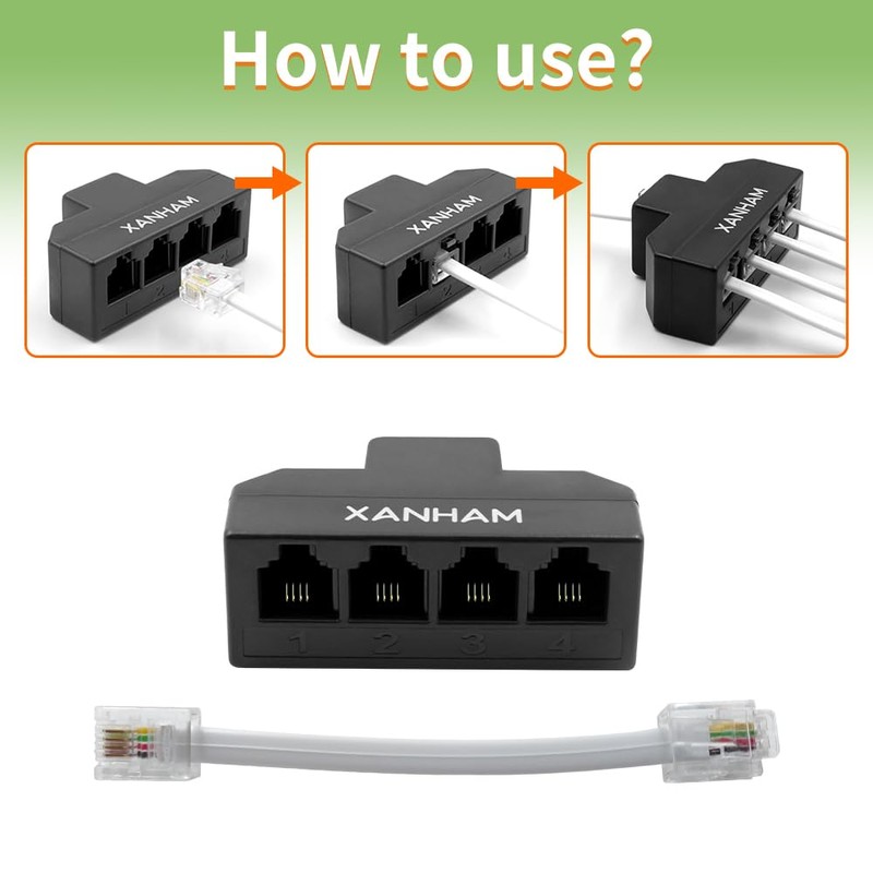XANHAM RJ11 Cable 4 Way Splitter 6P4C Connector Phone Line