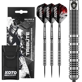 KOTO Tribute Darts 14 G, Silver & Black, Darts Set Including 3 Barrels, Flights + Shafts & Dart Wallet, Fixed Ring Grip