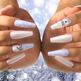 Acenail Extra Long Coffin Fake Nails Red Elk Glossy Press on Nail Snowflake Ballerina False Nails Acrylic Full Cover Nail Christmas Gift Nail Accessory for Women and Girls 30Pcs (Snowflake)