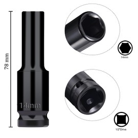 Juttzzei 1/2 Inch Drive 14mm Deep Impact Socket - Heat-Treated CR-V Steel, 78mm Length, 6-Point Metric Sizes for Car & Home Repair