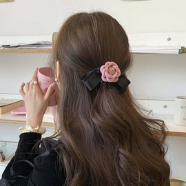 Xduargs Bow Hair Clips Satin Bow Hair Clip Barrette Silk Bow Hair Clip Barrette Camellia Bow Hair Clip Satin Ribbion Bow Knot Hair Pin Clip Camellia Flower Hair Clips (Black)