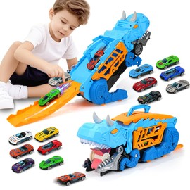 Neurora Dinosaurios Juguetes para niños-Camión de Juguete de Dinosaurios con 12 Coches,Plegable y transformable,Dos Pistas para Juego multijugador, Regalo Divertido para Navidad Niños 3-8 Años