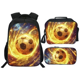 Klymax Football Backpack Soccer Sports Kids Schoolbag with Lunch Box Bag Pencil Bag 3pcs Bookbag Sets for Boys Girls