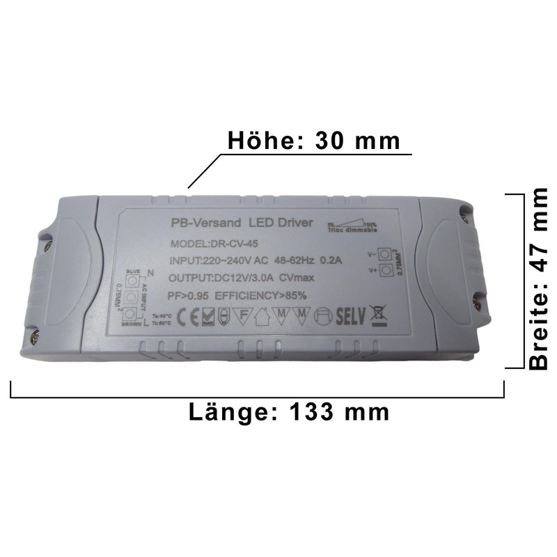 Dimmable LED Transformer 12 V DC 1-45 Watt Power Supply