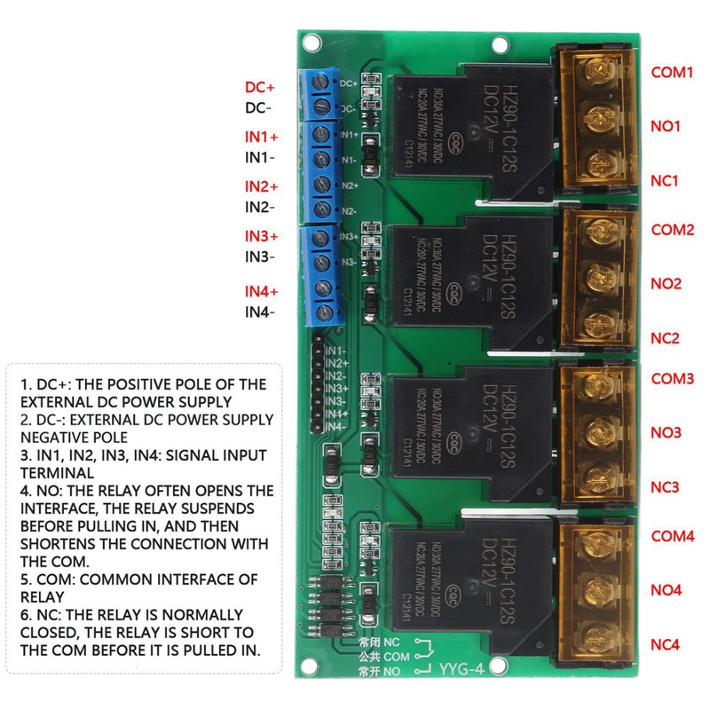 High Power Four Way Relay Module Control Panel Optocoupler Isolation