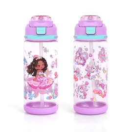 Pack of 2 Children's Drinking Bottles, 600 ml Children's Drinking Bottle with Straw, BPA-Free Sports Water Bottle for Nursery School, Leak-Proof Children's Water Bottles for Girls (Mermaid & Purple