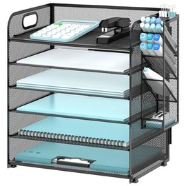 SUPEASY Organizador de escritorio de 6 niveles con 4 soportes para bolígrafos, organizador de papel de malla con asa, bandeja organizadora de escritor