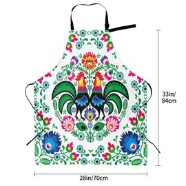 Polish Style Rooster Cooking Apron For Women Men With Pockets,Floral Folk Art Chicken Green Oxford Cloth Kitchen Apron With Adjustable Neck For Home Waitress Chef Baking/Bbq Waterproof 28x33 Inches