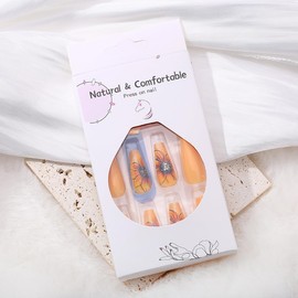 KTAABTR Flowers Press on Nails Medium Square Nails Fake Nails Stick on nails Orange Glossy Acrylic Nails Full Cover False Nails Stick on Nails for Woman Girls 24Pcs Artificial Nails Decoration Set