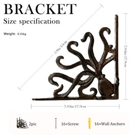 Linton Arts Octopus Cast Iron Shelf Brackets – 7.04"x7.04" Decorative Metal Corner Brackets for Wall Mounted Shelves – Nautical Themed Support with Screws, Set of 2
