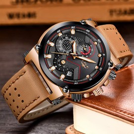 LIGE Men's Fashion Sport Quartz Watch with Brown Leather Strap Chronograph Waterproof Auto Date Analog Black Men Wrist Watches