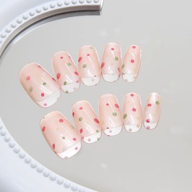 BFY Cat's Eye Press on Nails Short Nude Coffin Fake Nails, Pink Green Pots Holographic Acrylic Nails Kits, Salon Quality Glossy Gel Manicure Stick Glue on Nails Full Cover False Nail Tips 24Pcs