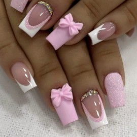 RUPOFUZA Press on Nails Medium Fake Nails French Tip White French Nails Press ons Cute Pink Bow Stick on Nails Medium Square Shape Glossy Sparkly Full Cover Glue on Nails for Women 24 pieces