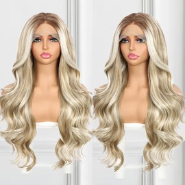 BABEHERS Highlight Blonde Lace Front Wig for Women 13x4 Body Wave Synthetic Wigs Balayage Pre-plucked Long Wavy Wig 150% Density Heat Resistant Hair Replacement Wigs 26 Inch