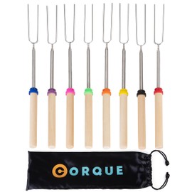CORQUE Marshmallow Roasting Sticks, Smores Sticks, Extendable, Camping Skewer for Fire Pit, Wooden Handle, 32inch Metal for BBQ Hotdog, Cooking, Campfires, Bonfires, Set of 8
